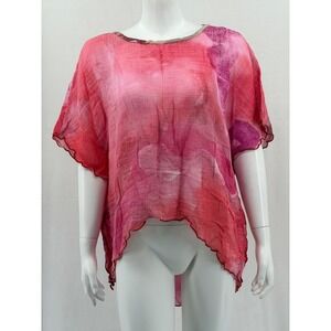 Sucesos Top Womens Small Medium Pink Cotton Artsy Beachy Sheer Boho Hand Painted